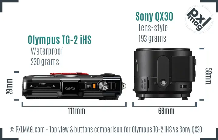 Olympus TG-2 iHS vs Sony QX30 top view buttons comparison