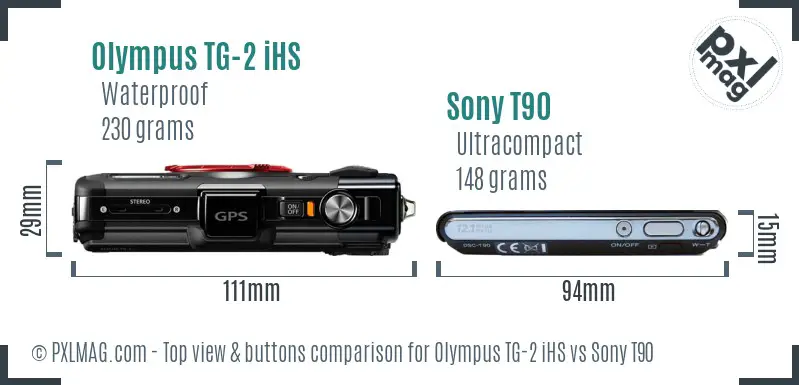 Olympus TG-2 iHS vs Sony T90 top view buttons comparison