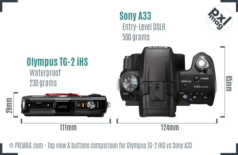 Olympus TG-2 iHS vs Sony A33 top view buttons comparison