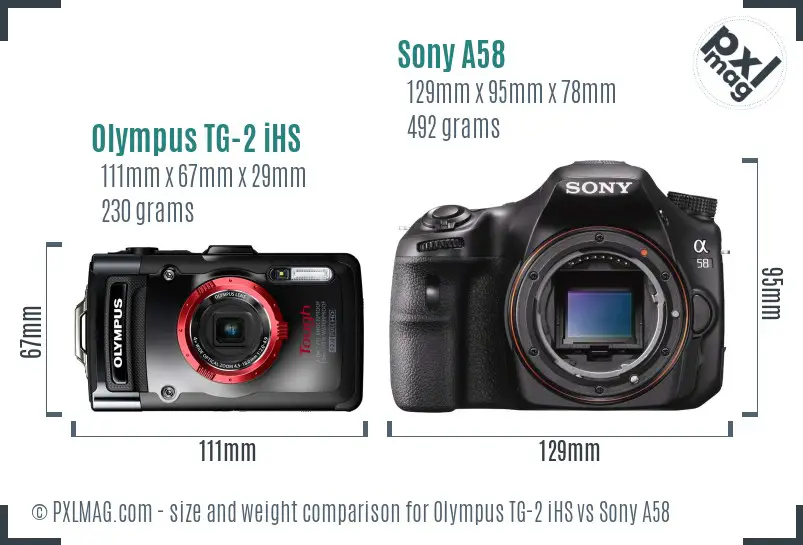 Olympus TG-2 iHS vs Sony A58 size comparison