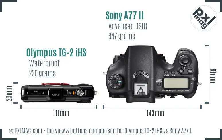 Olympus TG-2 iHS vs Sony A77 II top view buttons comparison
