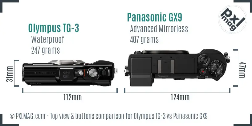 Olympus TG-3 vs Panasonic GX9 top view buttons comparison