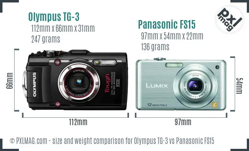 Olympus TG-3 vs Panasonic FS15 size comparison