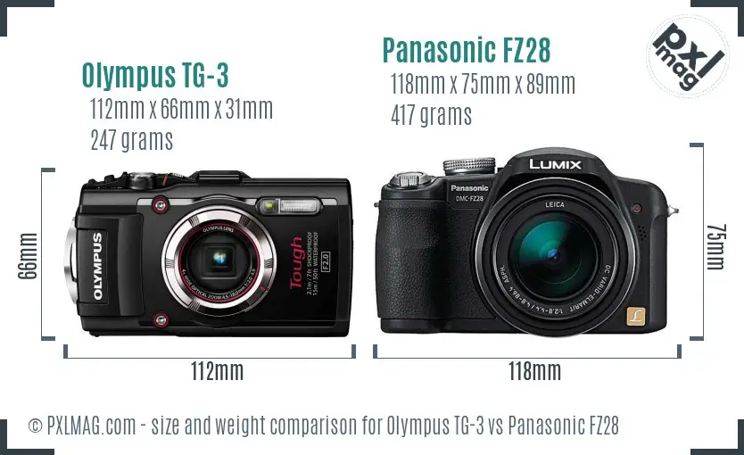 Olympus TG-3 vs Panasonic FZ28 size comparison