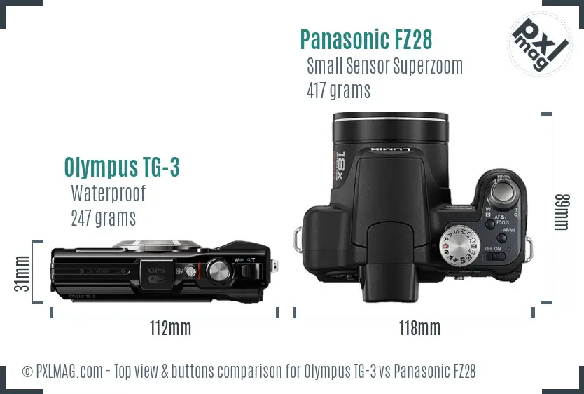Olympus TG-3 vs Panasonic FZ28 top view buttons comparison