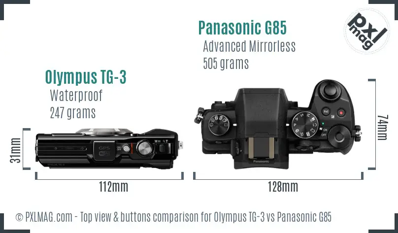 Olympus TG-3 vs Panasonic G85 top view buttons comparison Olympus TG-3 vs Panasonic G85 top view buttons comparison