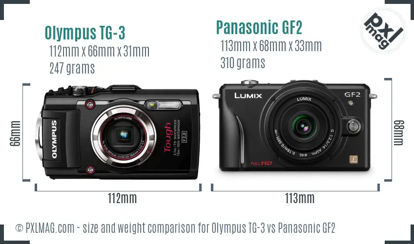 Olympus TG-3 vs Panasonic GF2 size comparison