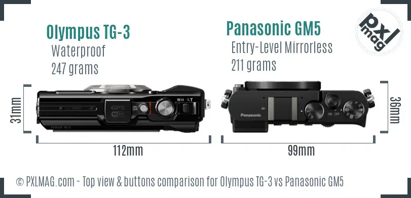 Olympus TG-3 vs Panasonic GM5 top view buttons comparison Olympus TG-3 vs Panasonic GM5 top view buttons comparison