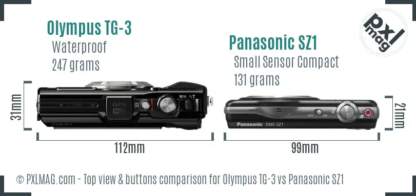 Olympus TG-3 vs Panasonic SZ1 top view buttons comparison Olympus TG-3 vs Panasonic SZ1 top view buttons comparison