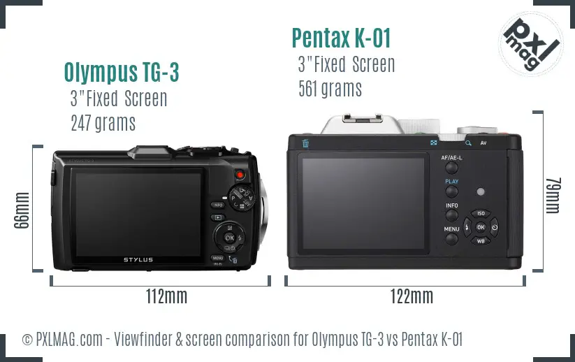 Olympus TG-3 vs Pentax K-01 Screen and Viewfinder comparison
