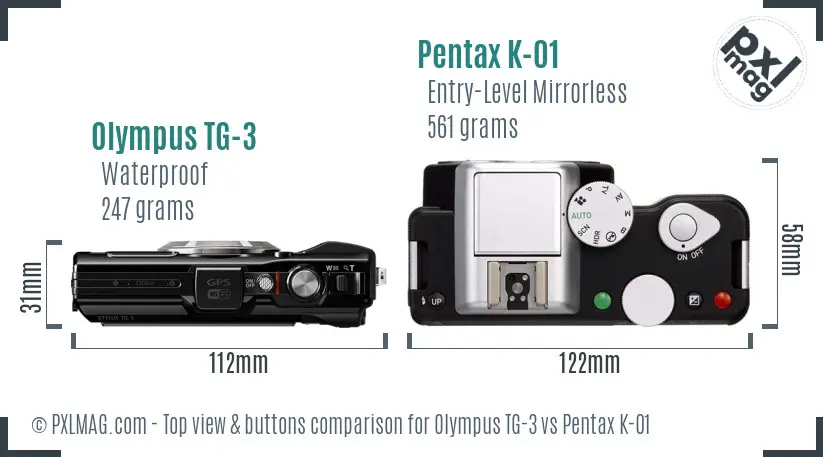 Olympus TG-3 vs Pentax K-01 top view buttons comparison