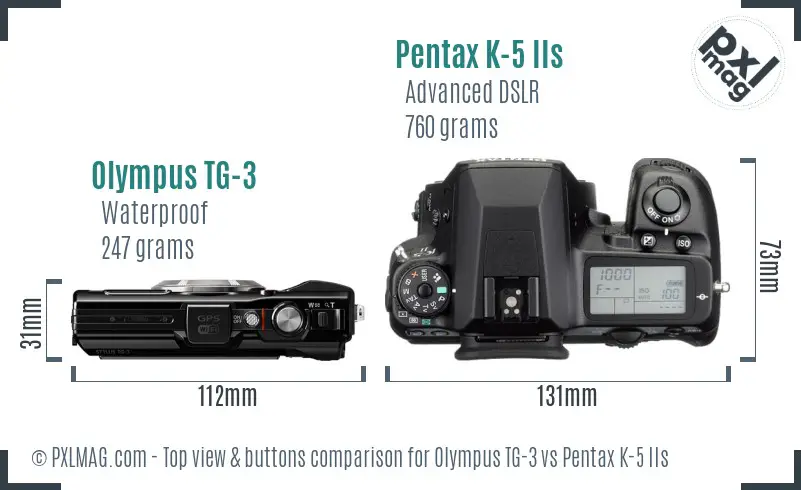 Olympus TG-3 vs Pentax K-5 IIs top view buttons comparison