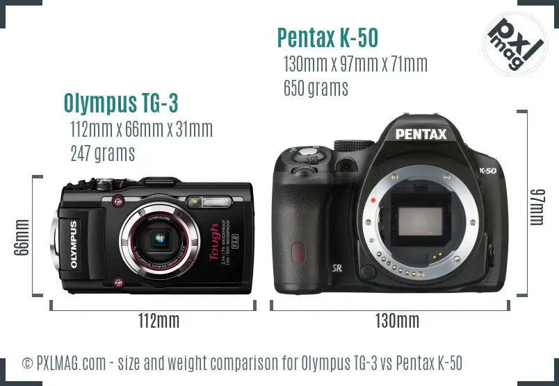 Olympus TG-3 vs Pentax K-50 size comparison