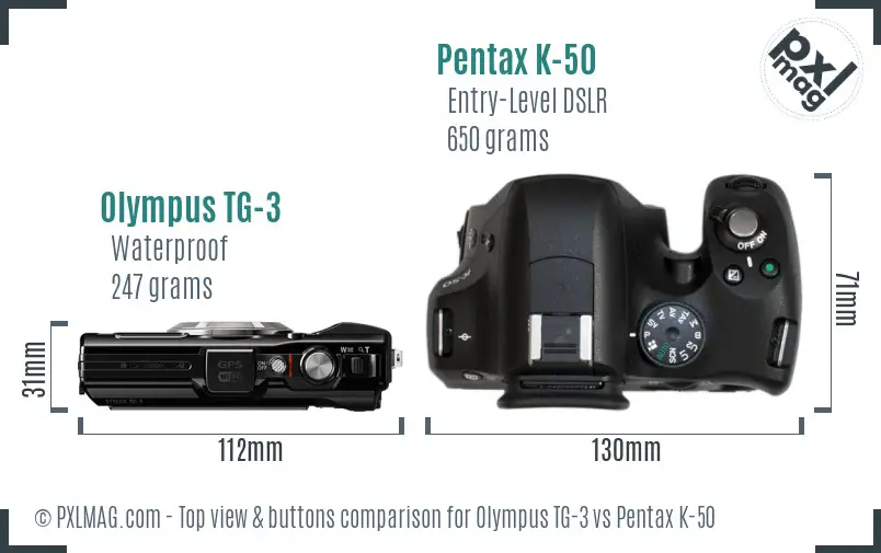 Olympus TG-3 vs Pentax K-50 top view buttons comparison