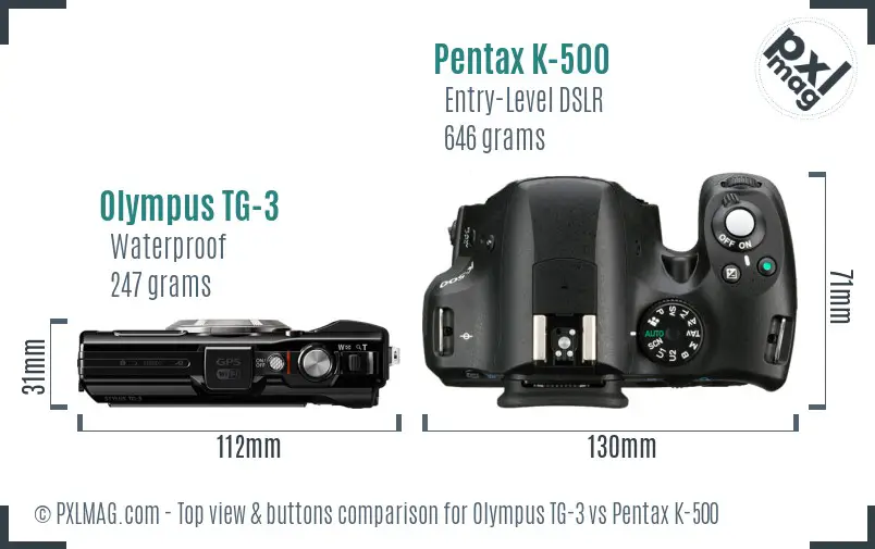 Olympus TG-3 vs Pentax K-500 top view buttons comparison