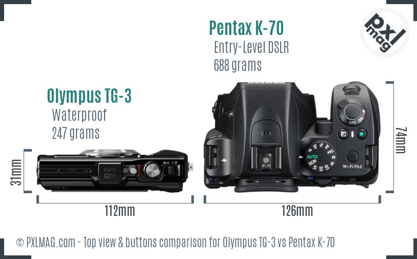 Olympus TG-3 vs Pentax K-70 top view buttons comparison