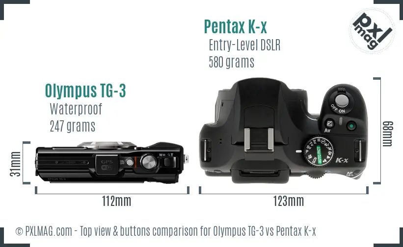 Olympus TG-3 vs Pentax K-x top view buttons comparison Olympus TG-3 vs Pentax K-x top view buttons comparison