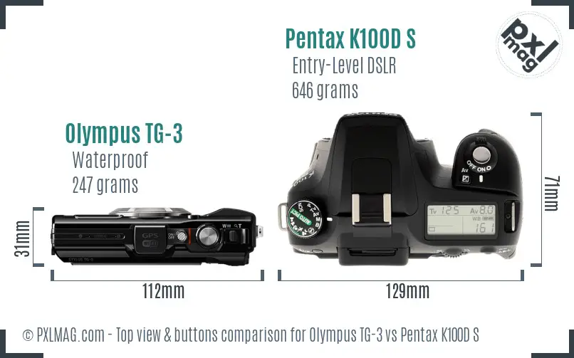 Olympus TG-3 vs Pentax K100D S top view buttons comparison Olympus TG-3 vs Pentax K100D S top view buttons comparison