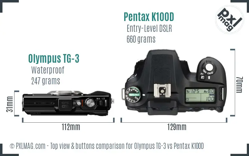 Olympus TG-3 vs Pentax K100D top view buttons comparison