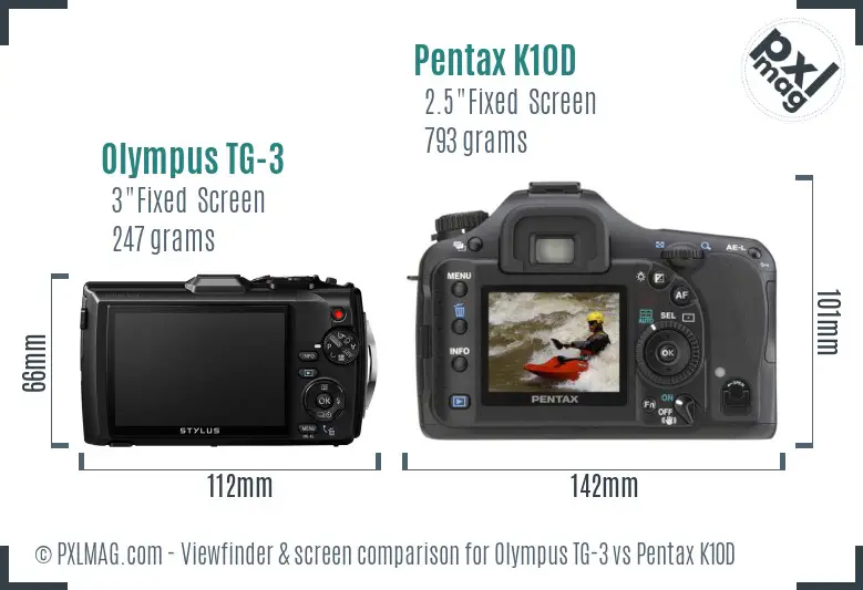 Olympus TG-3 vs Pentax K10D Screen and Viewfinder comparison