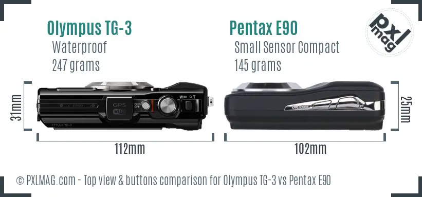 Olympus TG-3 vs Pentax E90 top view buttons comparison