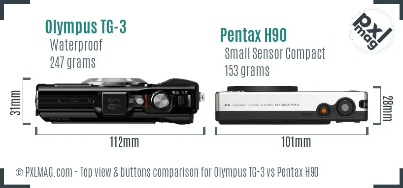 Olympus TG-3 vs Pentax H90 top view buttons comparison