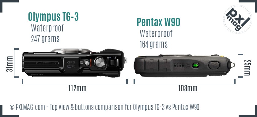 Olympus TG-3 vs Pentax W90 top view buttons comparison