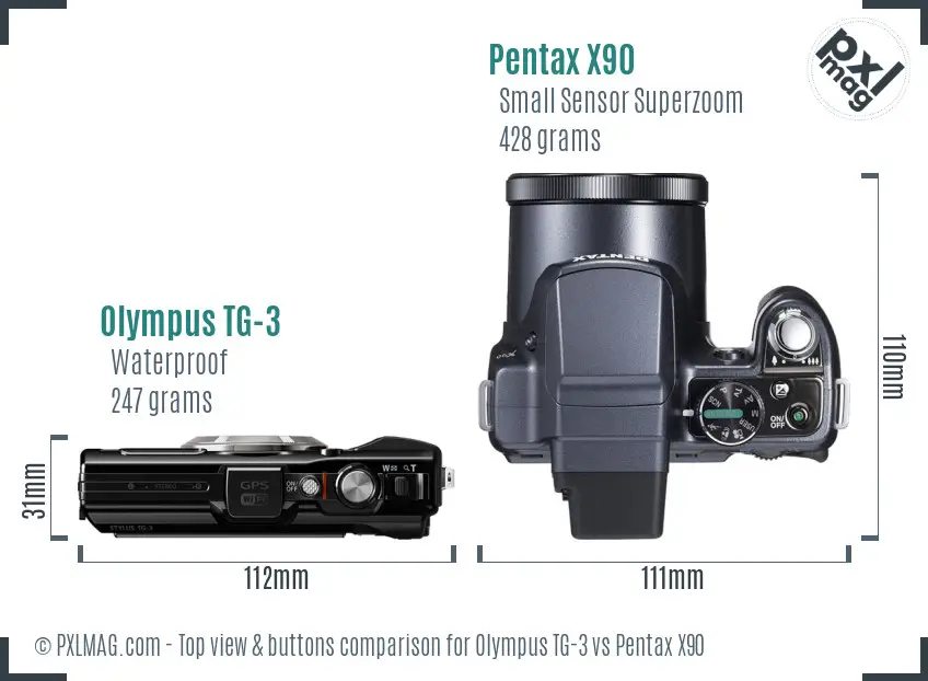 Olympus TG-3 vs Pentax X90 top view buttons comparison