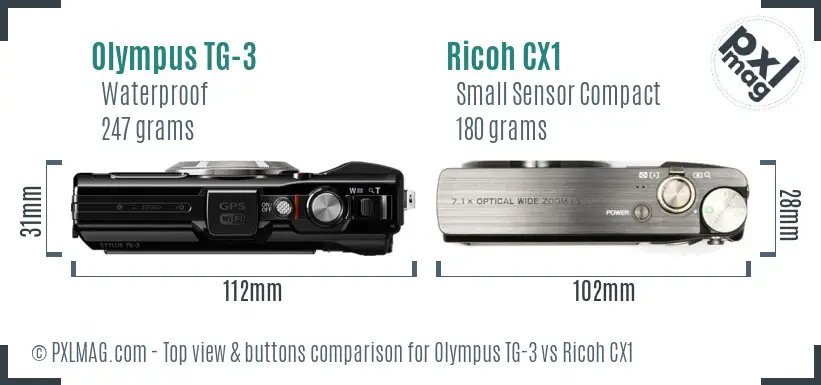 Olympus TG-3 vs Ricoh CX1 top view buttons comparison