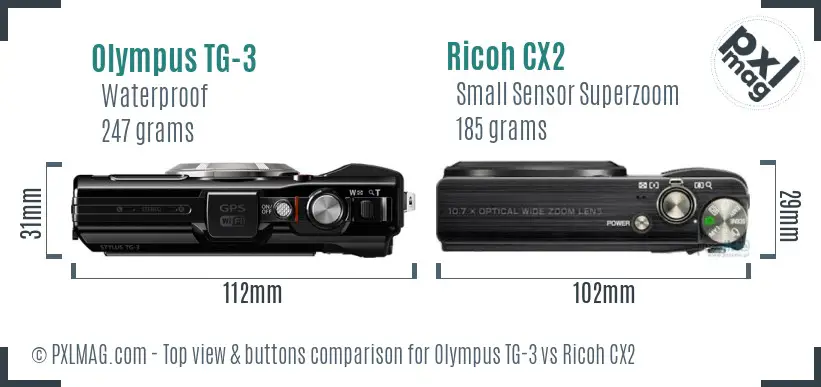 Olympus TG-3 vs Ricoh CX2 top view buttons comparison