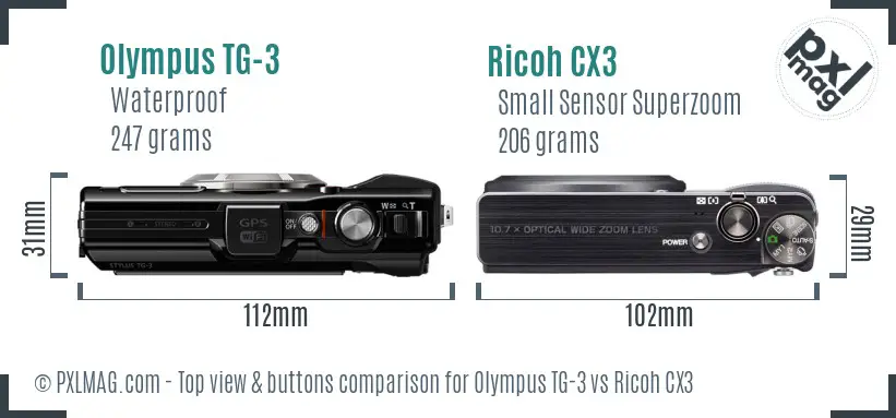 Olympus TG-3 vs Ricoh CX3 top view buttons comparison