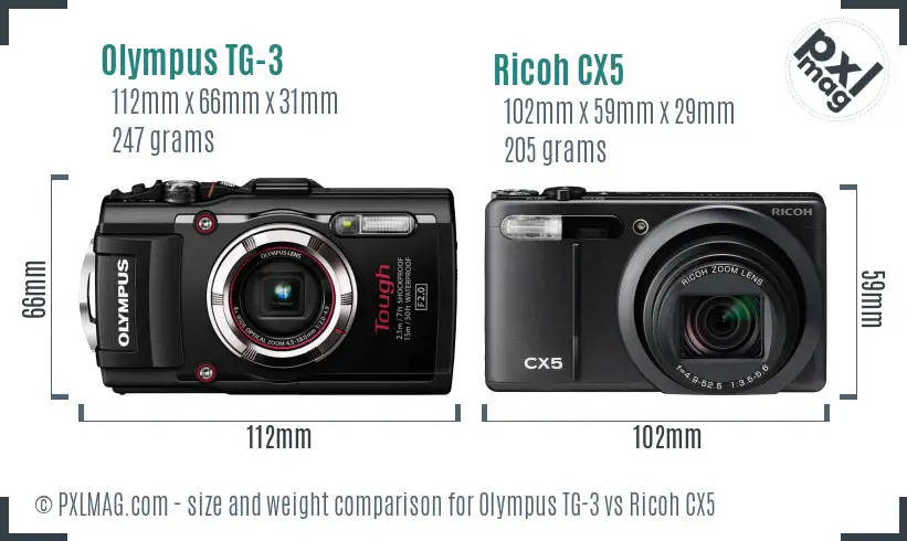 Olympus TG-3 vs Ricoh CX5 size comparison