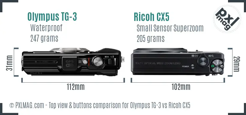 Olympus TG-3 vs Ricoh CX5 top view buttons comparison