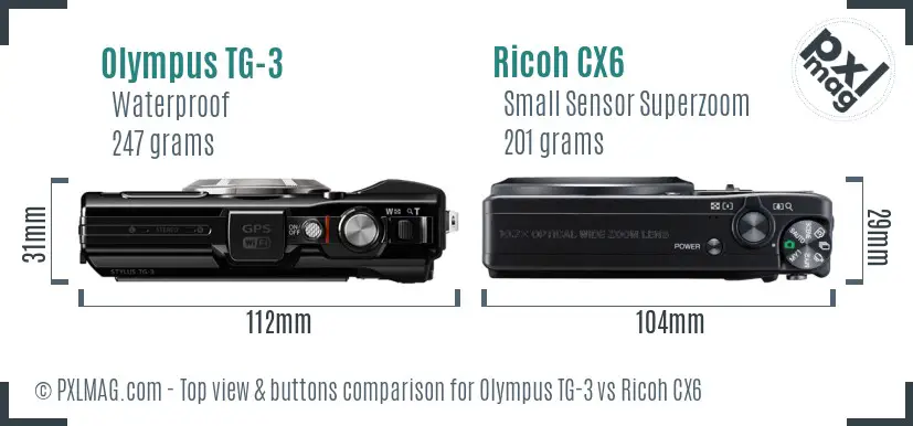 Olympus TG-3 vs Ricoh CX6 top view buttons comparison