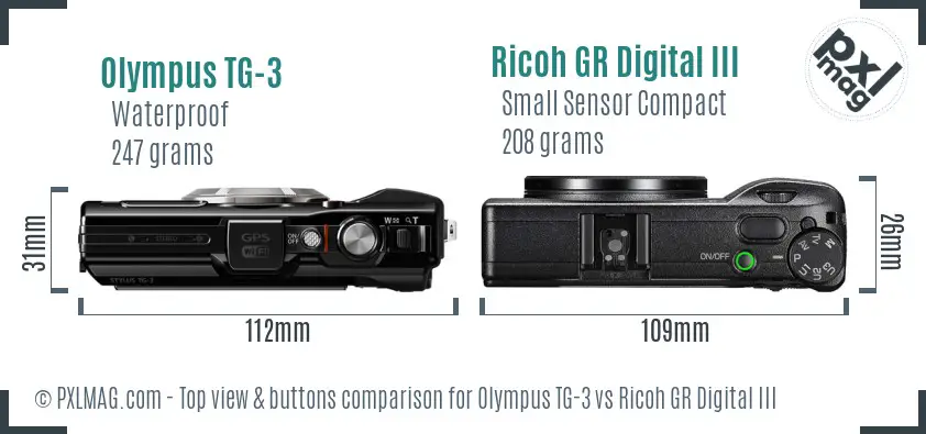 Olympus TG-3 vs Ricoh GR Digital III top view buttons comparison