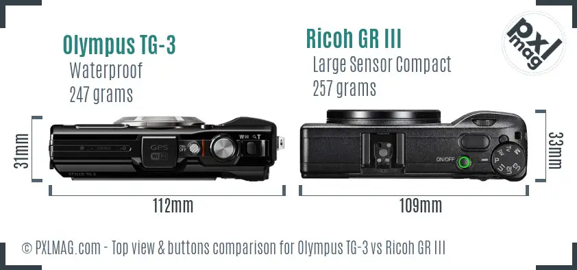 Olympus TG-3 vs Ricoh GR III top view buttons comparison