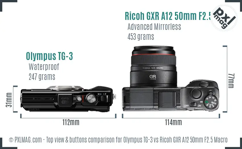 Olympus TG-3 vs Ricoh GXR A12 50mm F2.5 Macro top view buttons comparison Olympus TG-3 vs Ricoh GXR A12 50mm F2.5 Macro top view buttons comparison