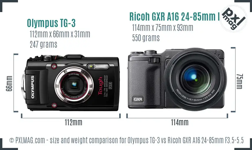 Olympus TG-3 vs Ricoh GXR A16 24-85mm F3.5-5.5 size comparison