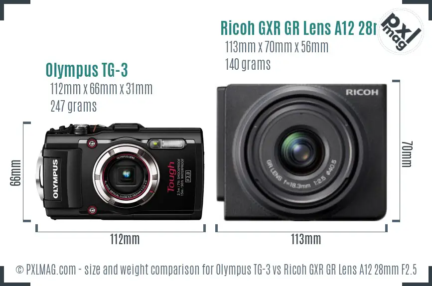 Olympus TG-3 vs Ricoh GXR GR Lens A12 28mm F2.5 size comparison