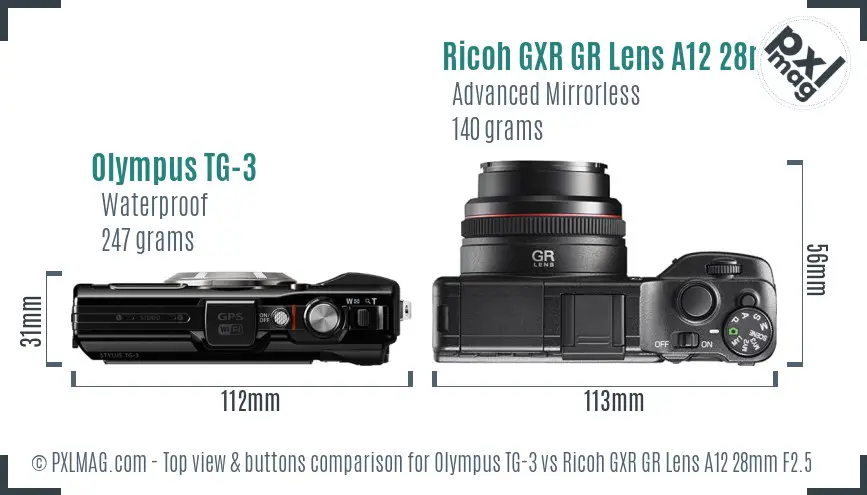 Olympus TG-3 vs Ricoh GXR GR Lens A12 28mm F2.5 top view buttons comparison