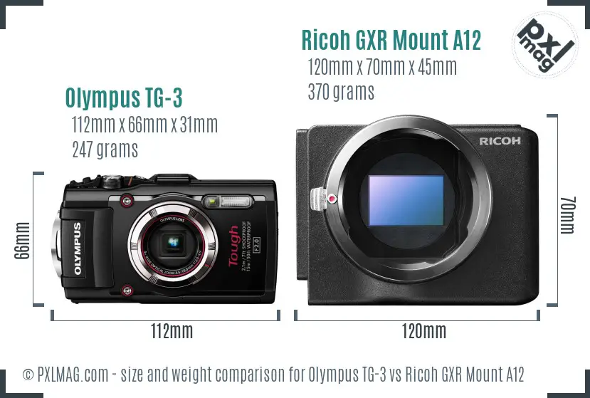 Olympus TG-3 vs Ricoh GXR Mount A12 size comparison Olympus TG-3 vs Ricoh GXR Mount A12 size comparison