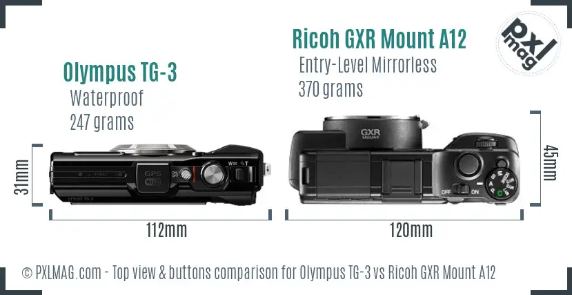 Olympus TG-3 vs Ricoh GXR Mount A12 top view buttons comparison Olympus TG-3 vs Ricoh GXR Mount A12 top view buttons comparison