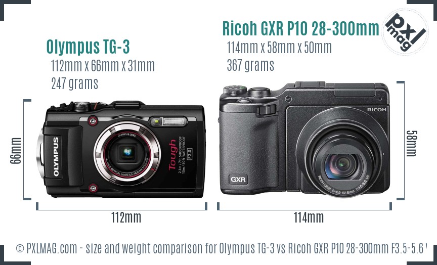 Olympus TG-3 vs Ricoh GXR P10 28-300mm F3.5-5.6 VC size comparison Olympus TG-3 vs Ricoh GXR P10 28-300mm F3.5-5.6 VC size comparison