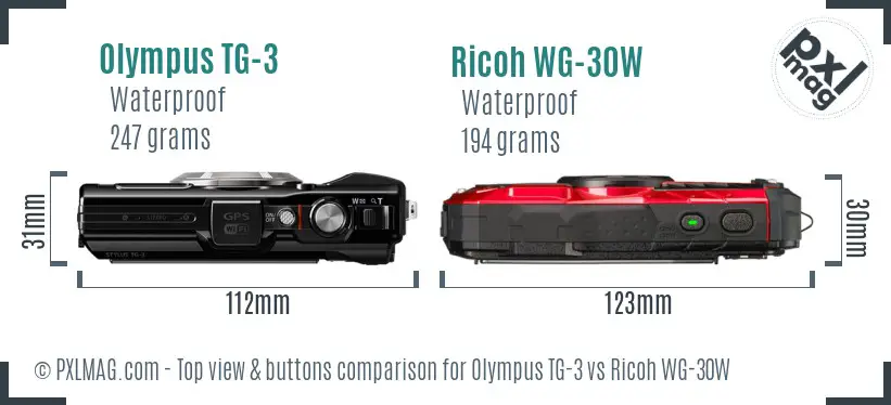 Olympus TG-3 vs Ricoh WG-30W top view buttons comparison