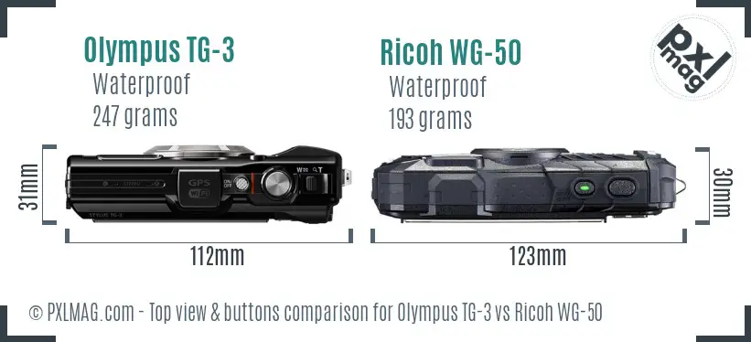 Olympus TG-3 vs Ricoh WG-50 top view buttons comparison