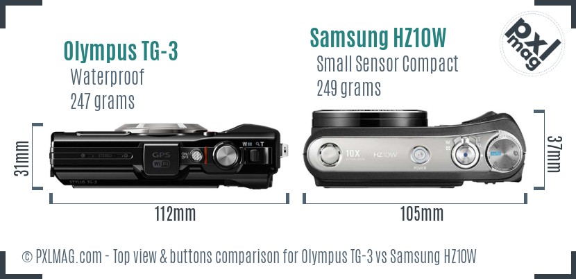 Olympus TG-3 vs Samsung HZ10W top view buttons comparison