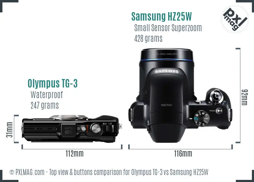 Olympus TG-3 vs Samsung HZ25W top view buttons comparison