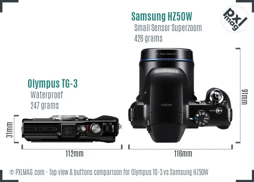 Olympus TG-3 vs Samsung HZ50W top view buttons comparison