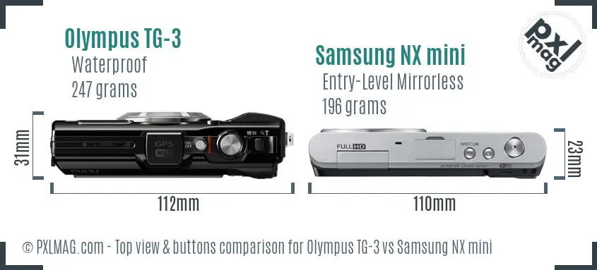 Olympus TG-3 vs Samsung NX mini top view buttons comparison Olympus TG-3 vs Samsung NX mini top view buttons comparison