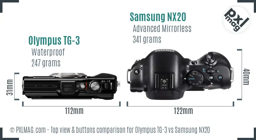 Olympus TG-3 vs Samsung NX20 top view buttons comparison Olympus TG-3 vs Samsung NX20 top view buttons comparison